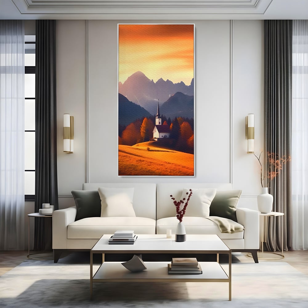 Tablou canvas cu tablou canvas cu biserica la apus, in rama de aluminiu argintiu, pe perete intr-un living